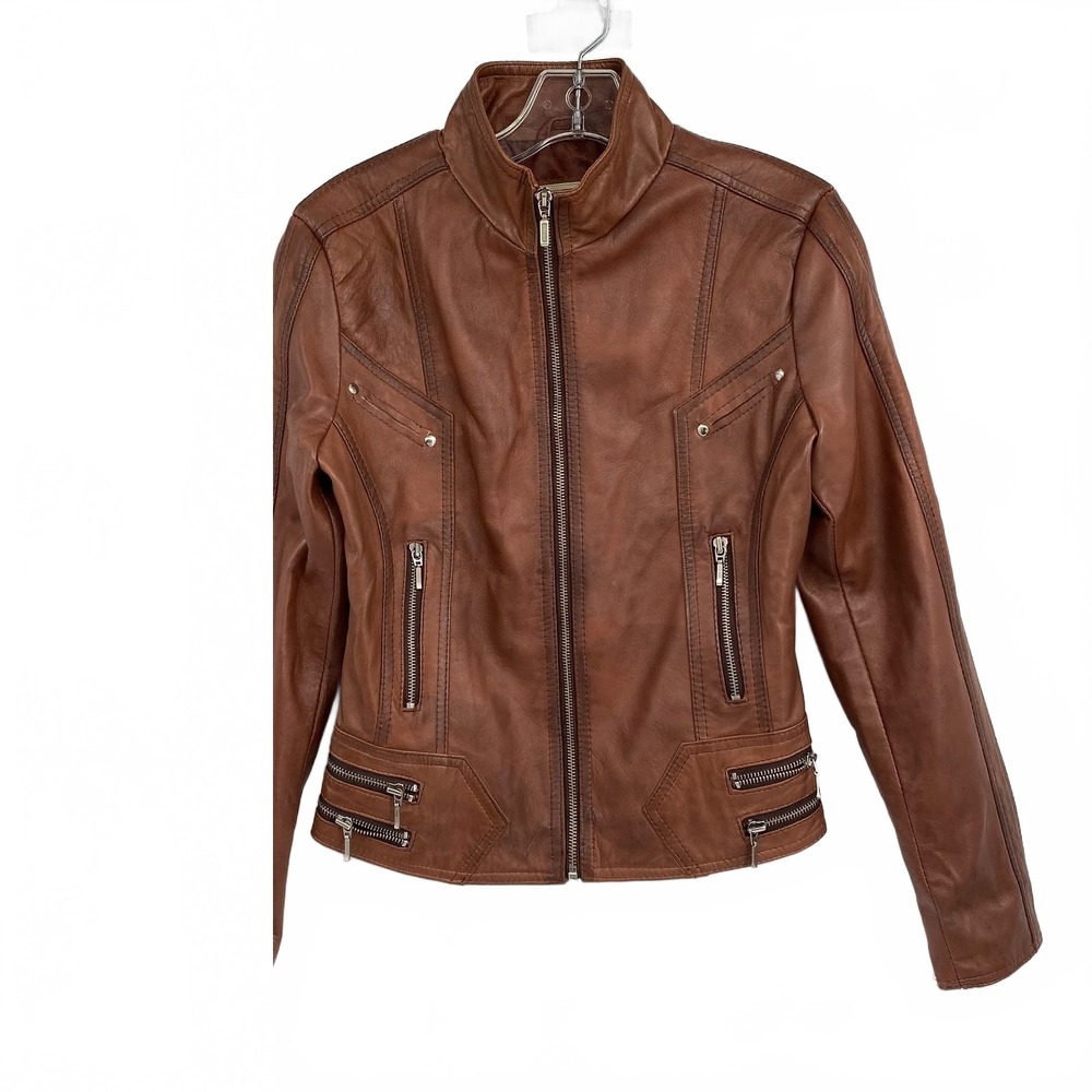 Heeli Brown Leather Jacket Motorcycle Zip | Womens M